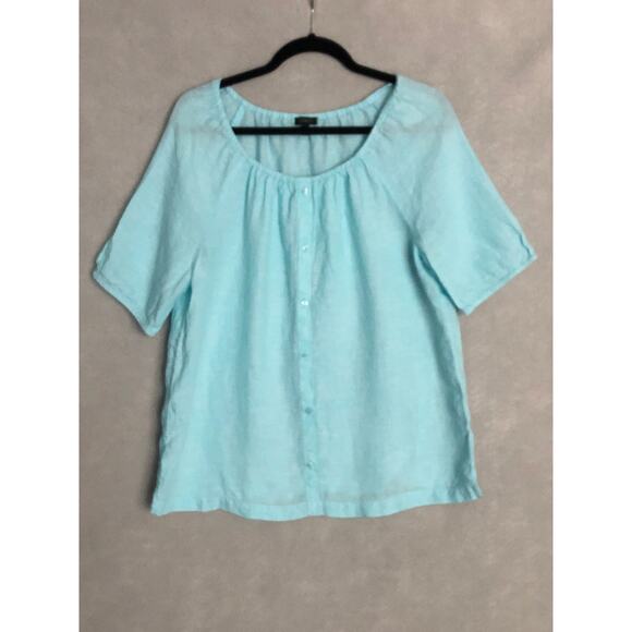 Talbots Women's Medium Linen Faux Button Front Popover Top Light Blue - Picture 1 of 6